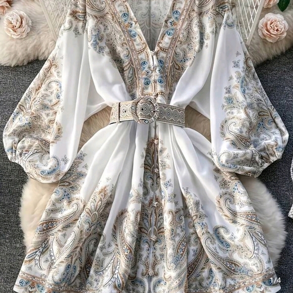 Elegant Paisley Print Dress with Belt - Picture 3 of 3